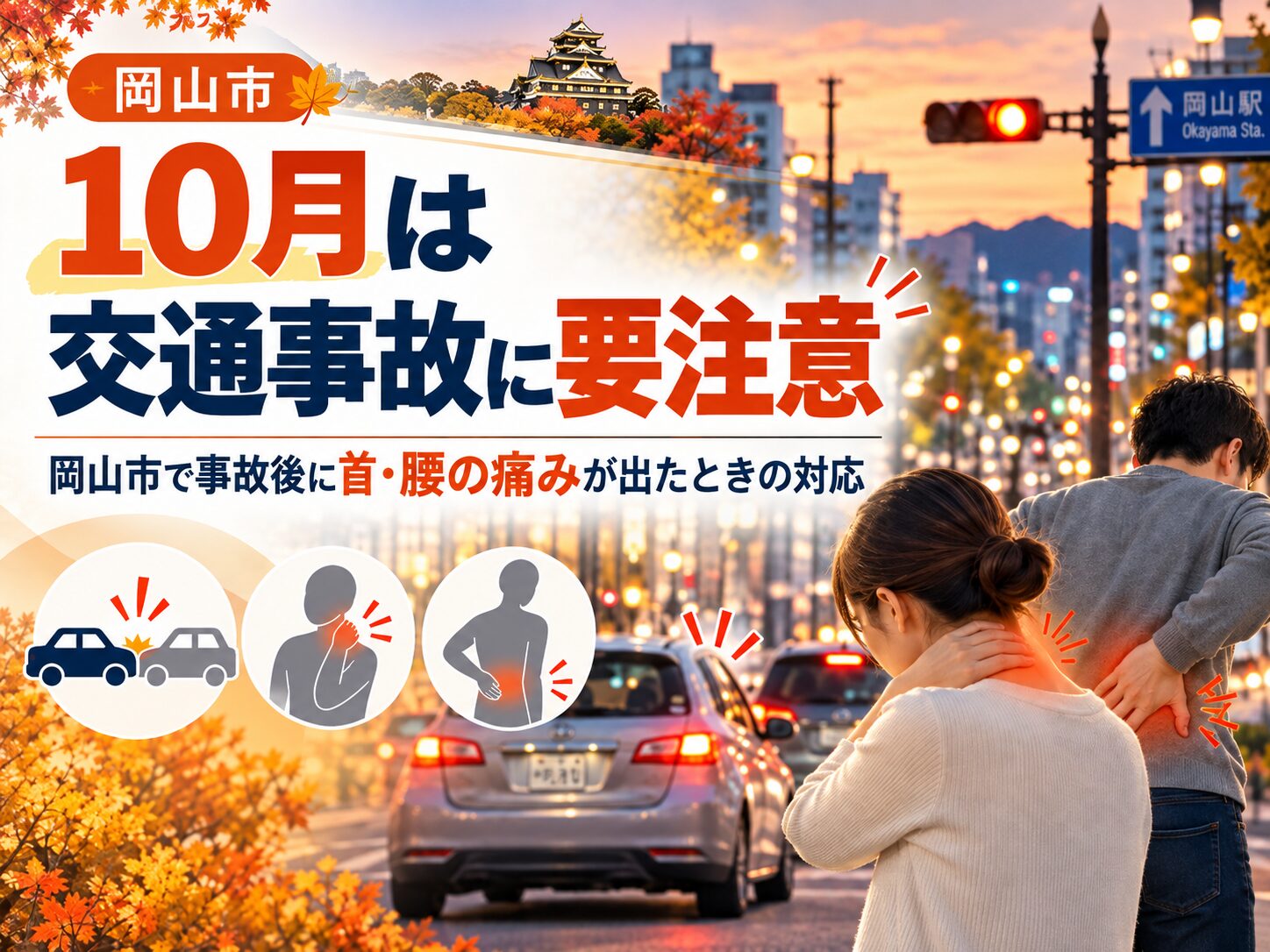 10月は交通事故に要注意｜岡山市で事故後に首・腰の痛みが出たときの対応